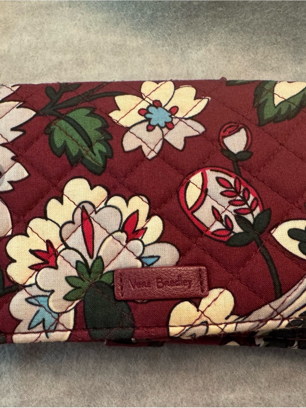 Vera Bradley Maroon Floral Quilted RFID cross body wallet/purse. Phone holder.